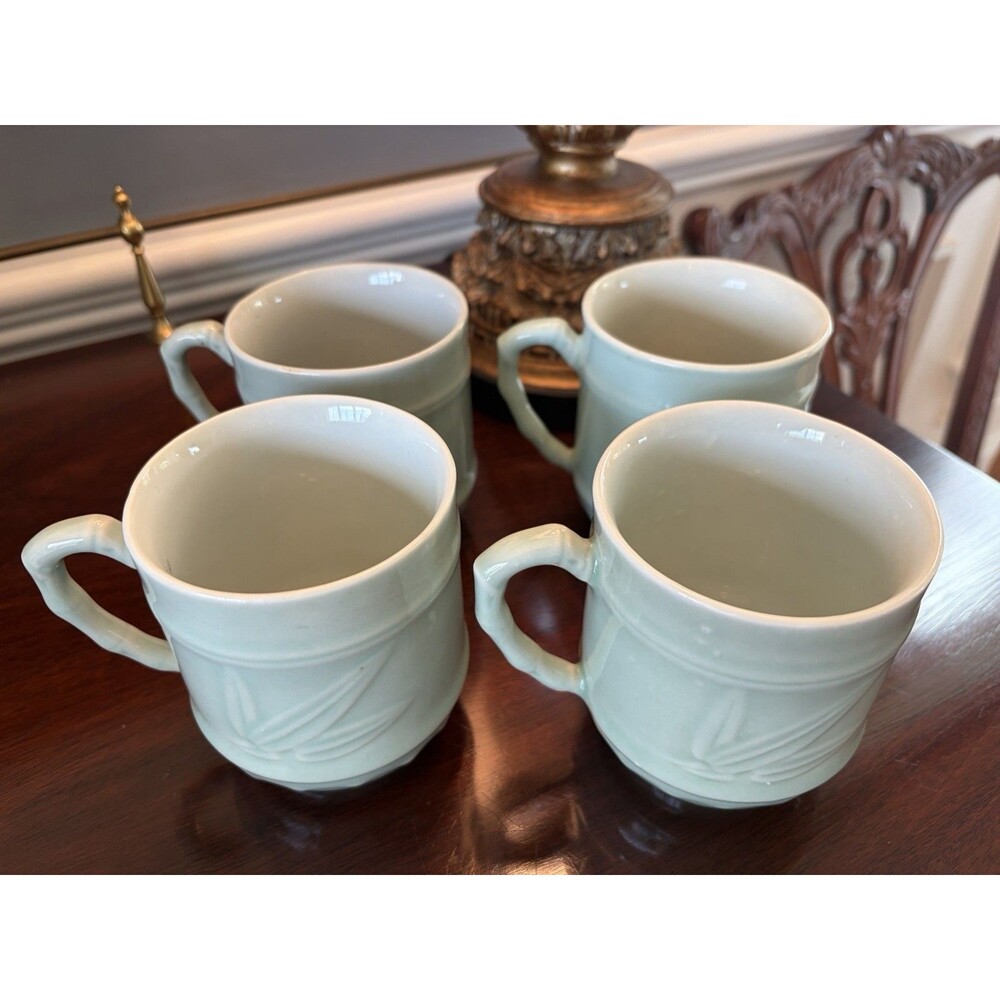 Celadon Longquan Mark Green Mugs with Embossed Bamboo Design Set of 4 Vintage